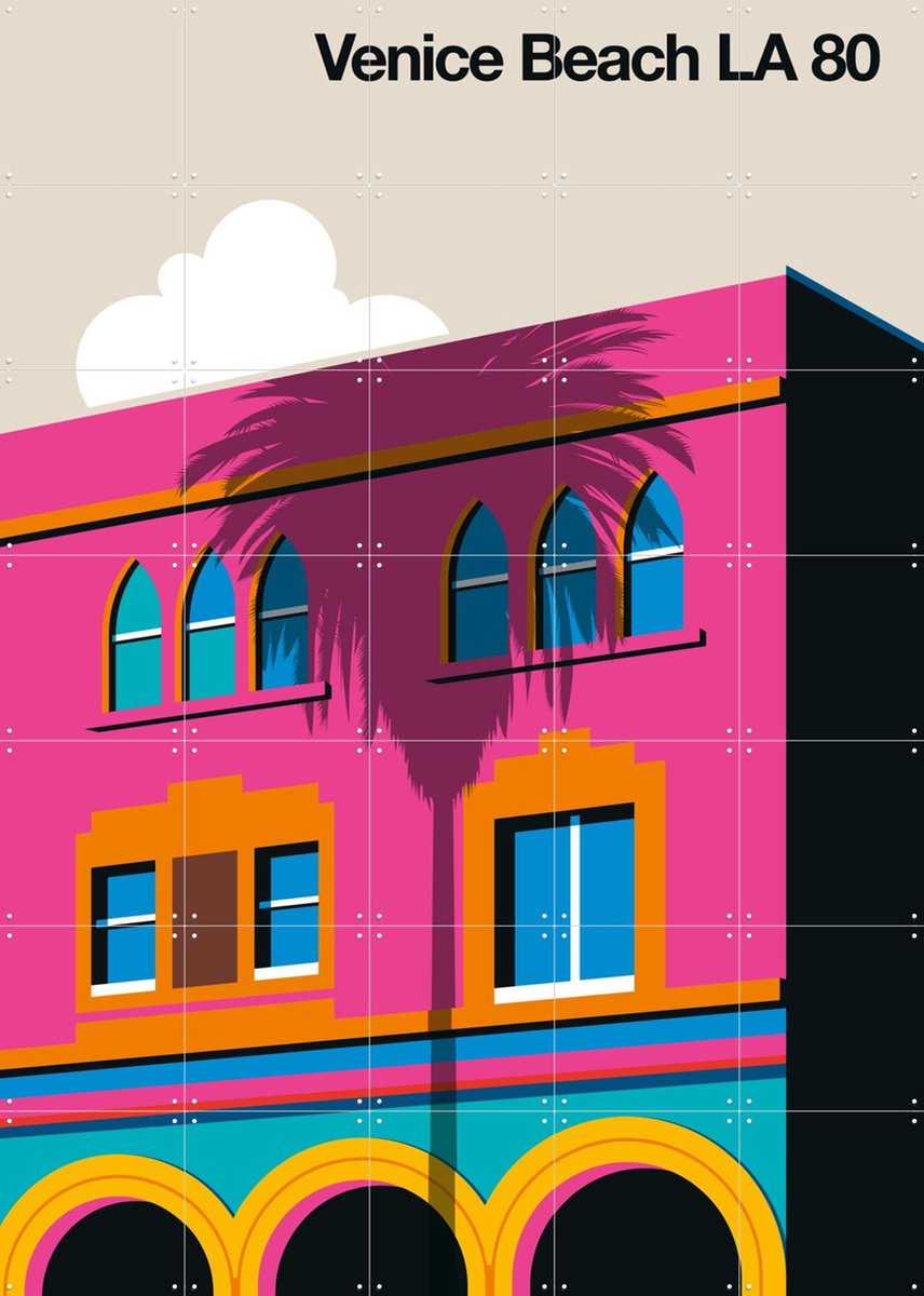 IXXI Venice Beach LA 80, Bo Lundberg - 100 x 140 cm - Gratis ophangtool - Grote wanddecoratie en posters - Kleurrijk, Illustraties, Architectuur