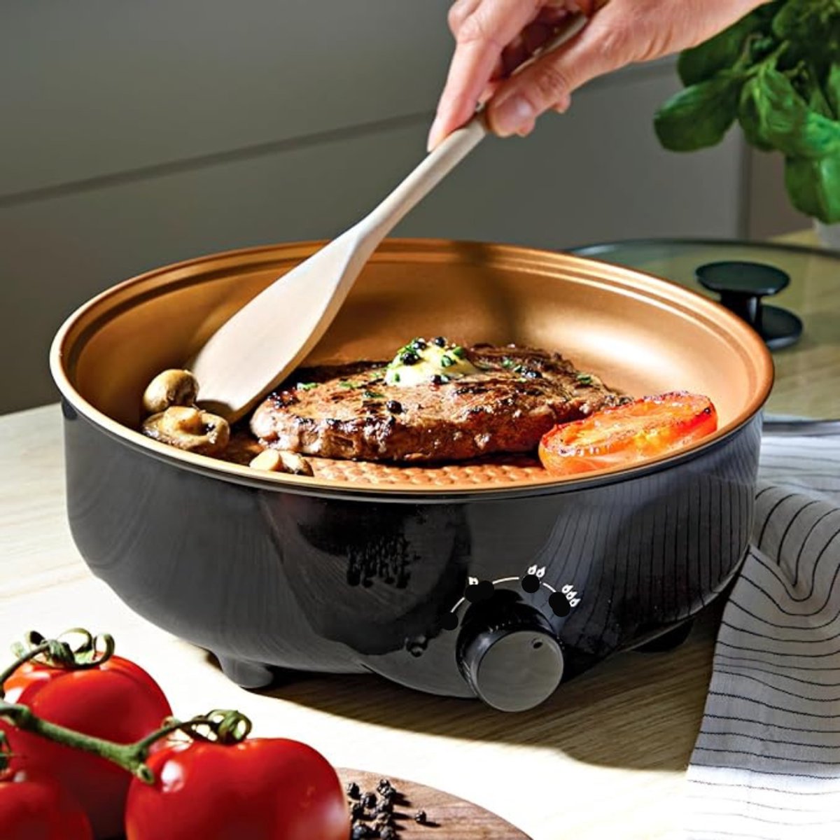 REN® Partypan -Airfryer -Hapjespan - instelbare warmtestanden - antiaanbaklaag - Zwart - 26cm x 9cm x 26cm