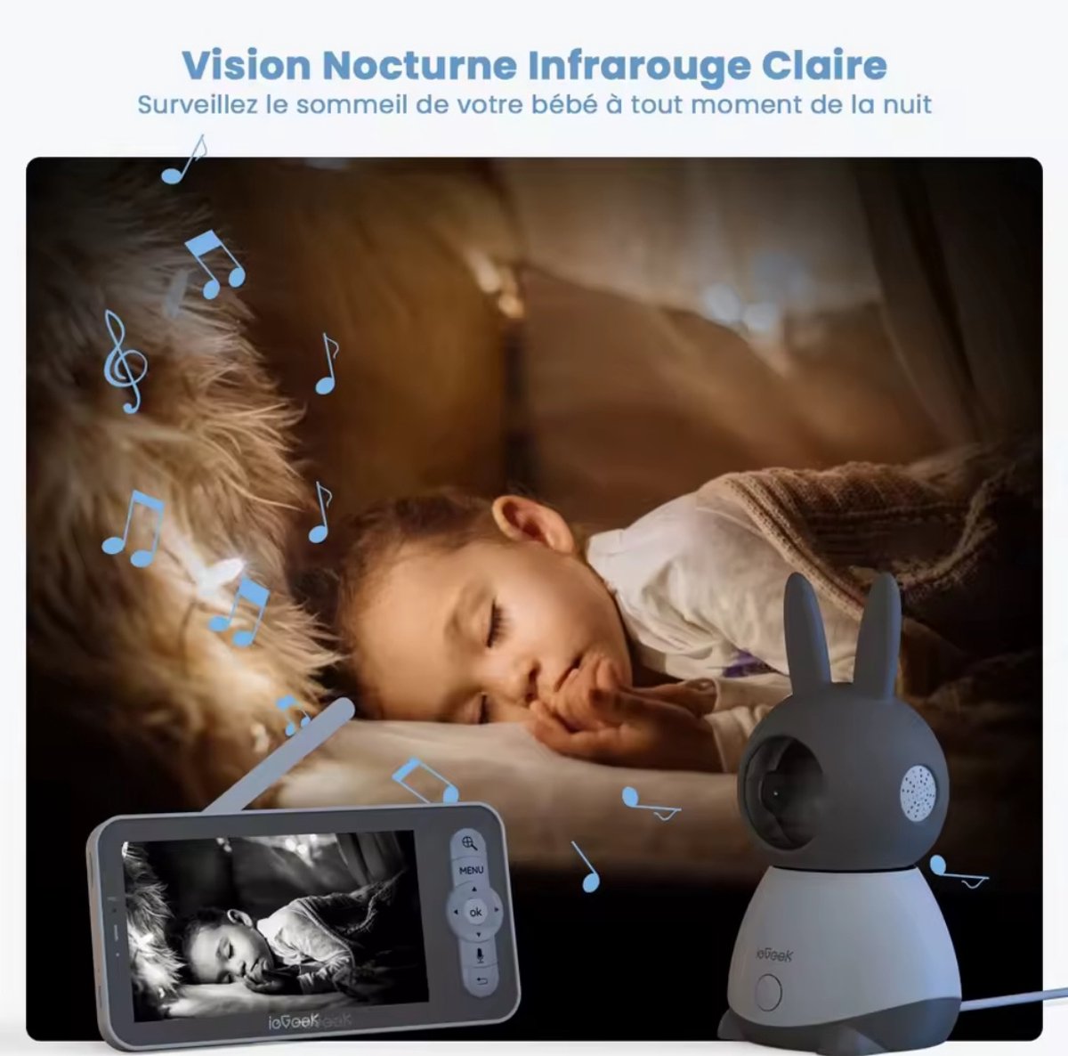 Babyfoon - Babyfoon met Camera - Baby Monitor - 5-inch Video Babyfoon met Camera - Audio, 4x Zoom, 1000m Bereik, Infrarood Night Vision & Slaapliedjes – foto 3