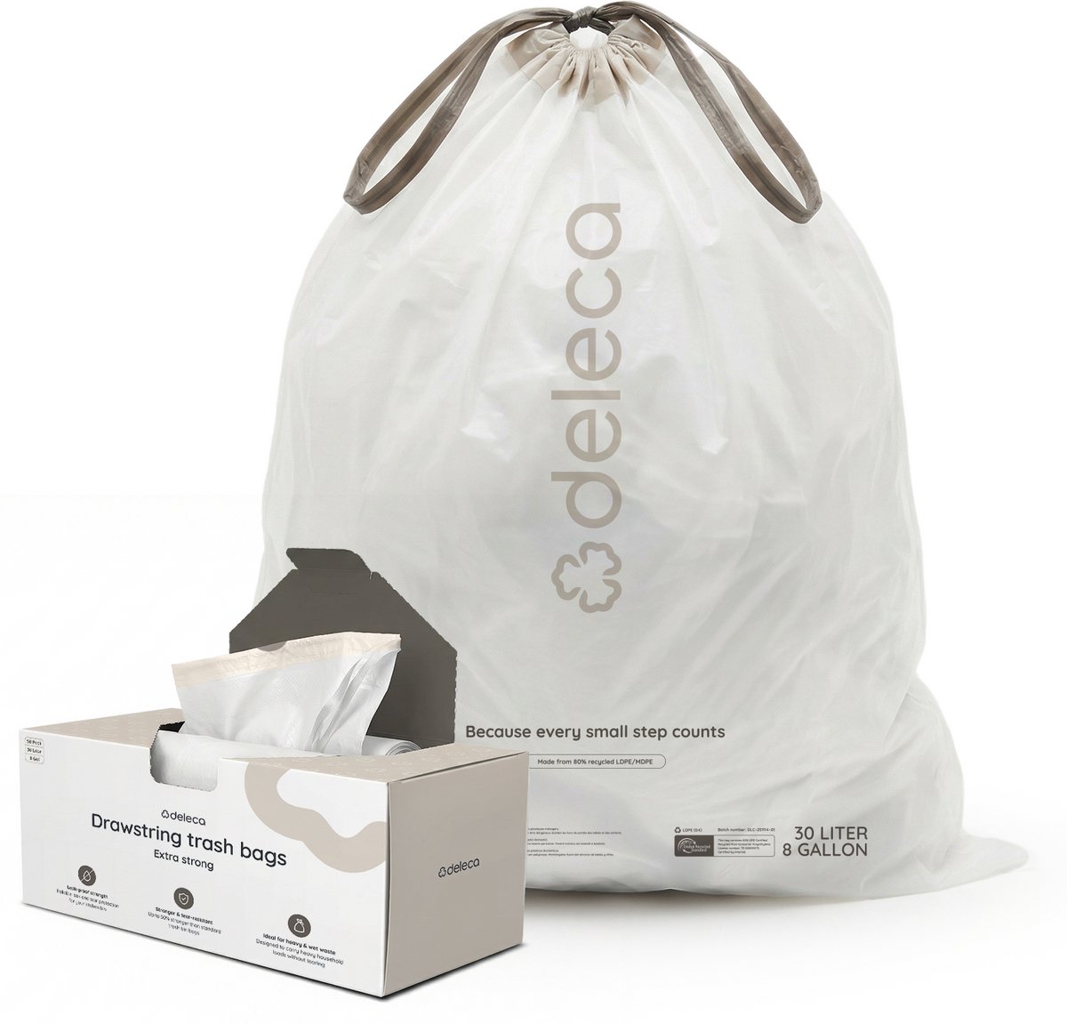 Deleca Vuilniszakken 30 Liter 51x72 cm (50 Stuks) - Geschikt voor Brabantia, Simplehuman (Code O en G) - Afvalzakken Met Dispenser - Voor Pedaalemmer - GRS Gerecycled Plastic