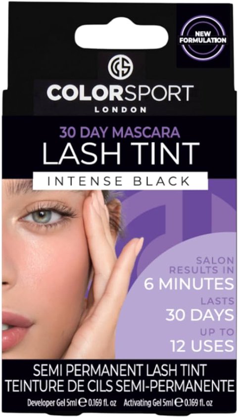 Doos van Colorsport 30 Day Mascara Lash Tint, Intense Black. Salonresultaat in 6 minuten.