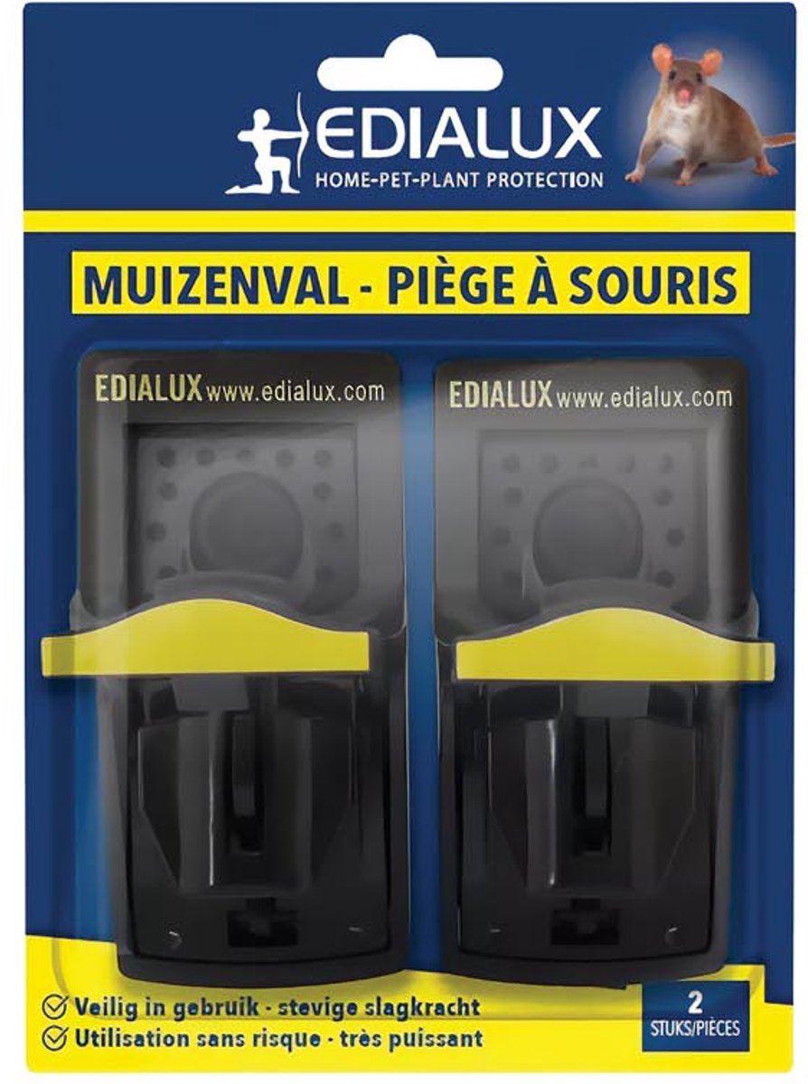 Edialux Muizenvallen set van 2, veilige muizenval met klikmechanisme en lokaasreservoir, val zonder aanraken te legen, geschikt voor binnen en buiten, effectief voor muizenbestrijding