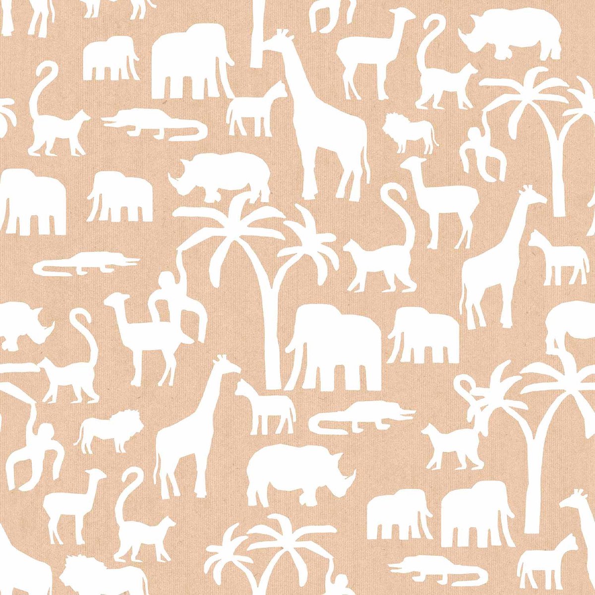 Behang - Kinderkamer – Dieren – Silhouetten – Wit – Roze - Safari Dieren- Babykamer - Kinderbehang - 0,53 x 10,05 M
