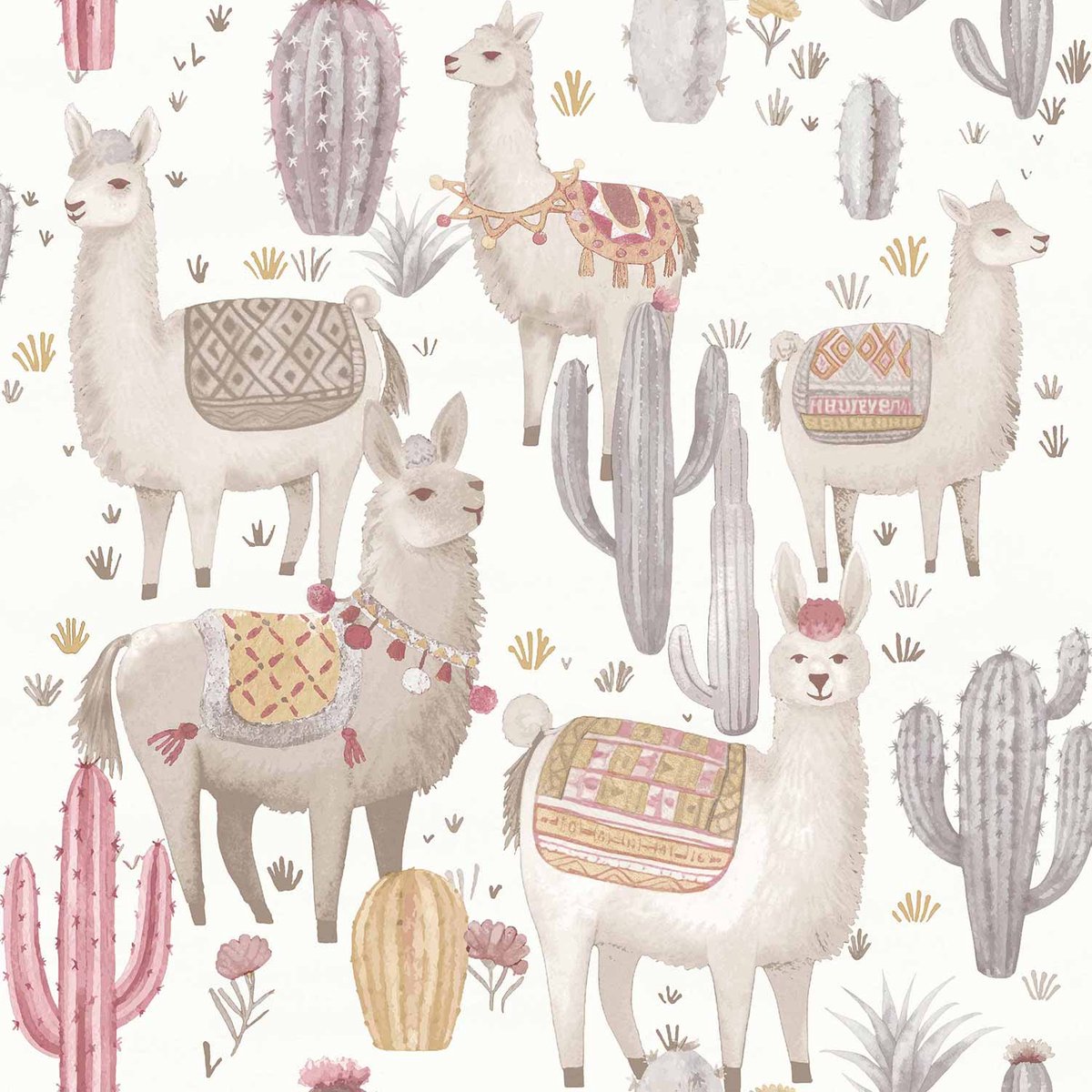 Behang - Kinderkamer – Alpaca – Cactus - Wit- Grijs- Roze - Babykamer - Kinderbehang – Meisjesslaapkamer - 0,53 x 10,05 M