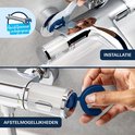 Illustratie van de installatie en afstelmogelijkheden van een chroom thermostaatkraan met "QuickSpanner inbegrepen".