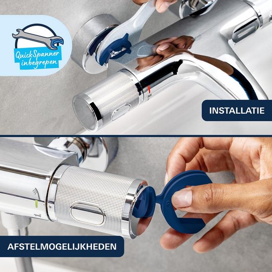 Illustratie van de installatie en afstelmogelijkheden van een chroom thermostaatkraan met "QuickSpanner inbegrepen".