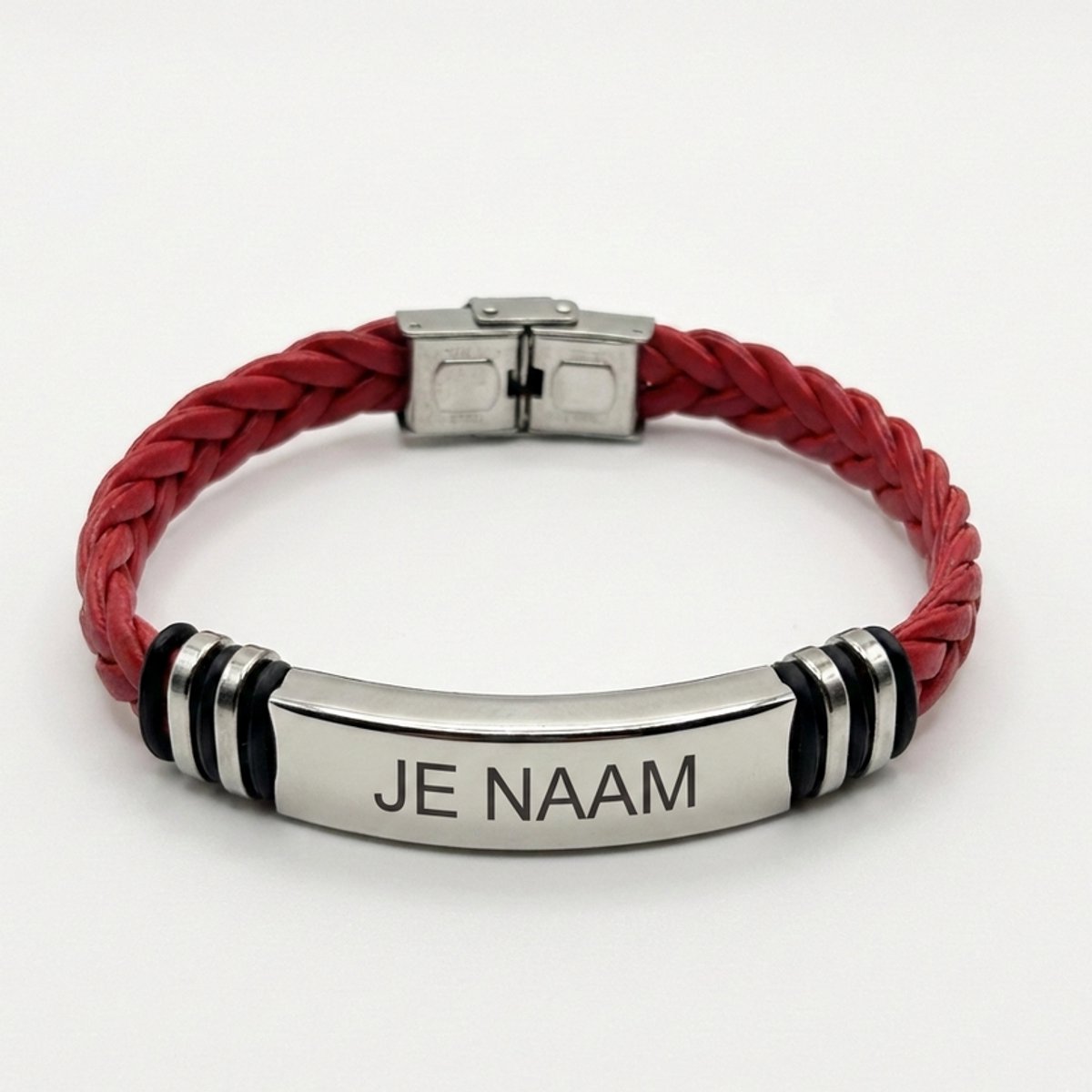 Armband met graveer, Armband met naam, Armband met gravure rood - gevlochten band - RVS naamplaat - gepersonaliseerd, Armband met naamplaatje ,graveerarmband