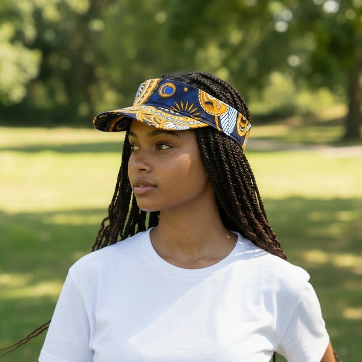 Zonneklep / Pet met Afrikaanse print - Zonnecap - Zomerpet - Sun visor - Marineblauw Geel Paisley