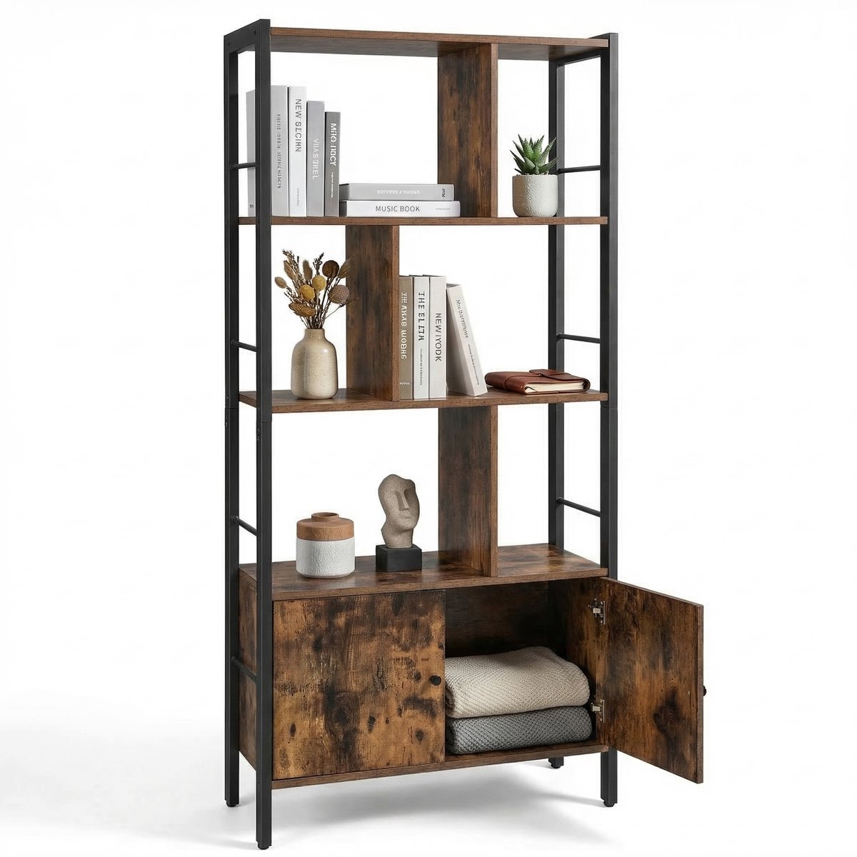 Aiverig® Open Wandkast – Industriële Opbergkast & Boekenkast 4 Planken & 2 Deuren – Met Kantelbeveiliging – Voor Woonkamer, Slaapkamer & Kantoor – Vintage Bruin – 74×30×154,5 CM