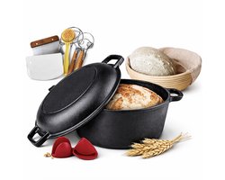 MIRO® Broodbakbol Gietijzer 17-Delig - Broodpan - Dutch Oven - Cast Iron - Broodbakpan - Voor Zuurdesem & Ambachtelijk Brood – Inclusief Rijsmand & Accessoires - 26 CM - Zwart