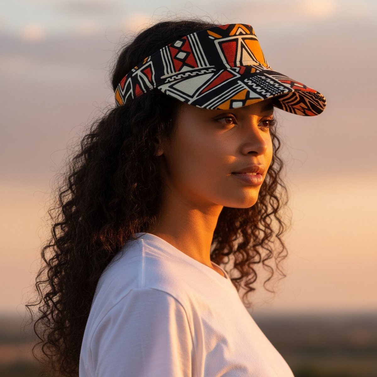 Zonneklep / Pet met Afrikaanse print - Zonnecap - Zomerpet - Sun visor - Rood & Oranje Bogolan Symbols
