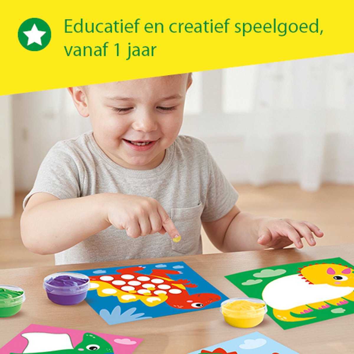 SES Creative - My First – Dinos Stippen met Vingerverf - 10 kleurplaten met dieren en 3 kleuren vingerverf - goed uitwasbaar - Dinosaurus speelgoed – Glutenvrij - 1 tot 4 jaar — afbeelding 3