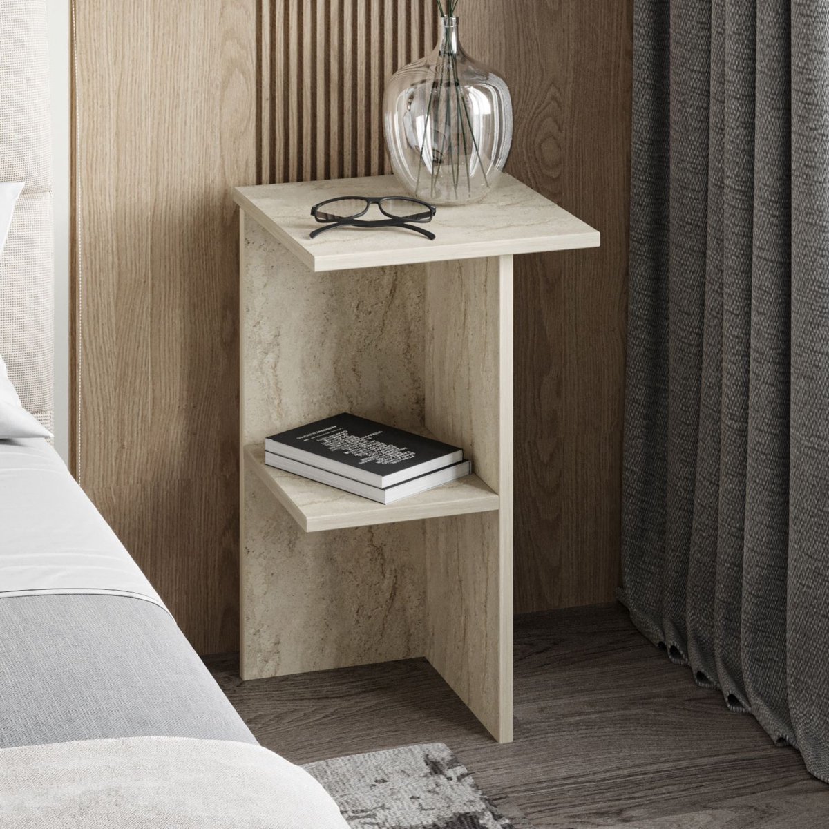Asir - Nachtkastje - Travertijn - 100% met melamine gecoat spaanplaat - 36 x 60 x 36 cm