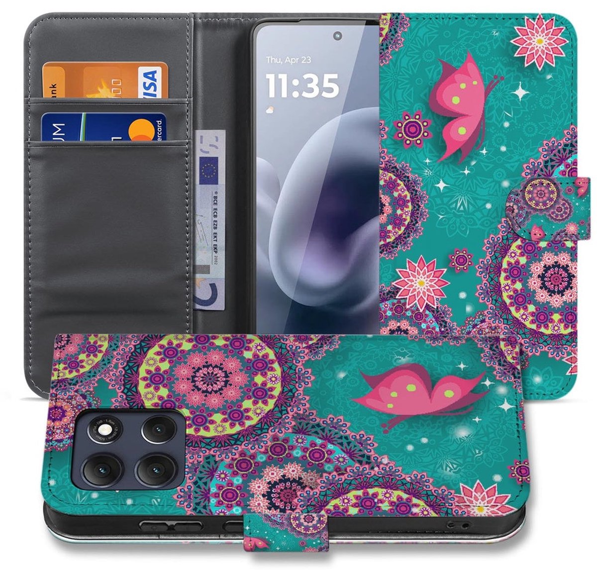 Motorola Moto G86 Book Case Hoesje Met Pasjes Cirkels en Vlinders