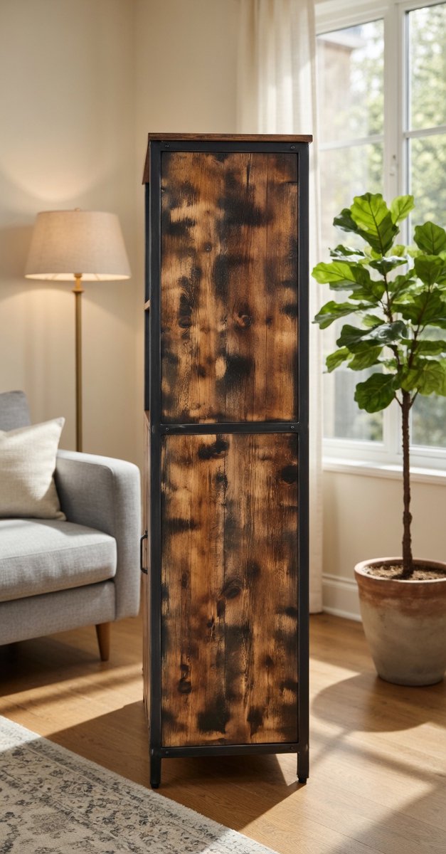 Industriële Boekenkast en Opbergkast – Multifunctionele Kantoor- en Keukenkast met 2 Open Planken en Verstelbare Planken – Vintage Bruin/Zwart – Stevig Stalen Frame – Modern Industrieel Design Novihome