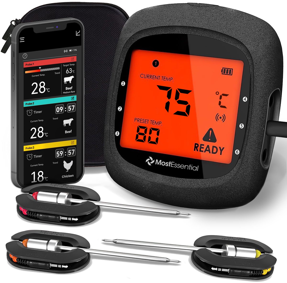 Bol.com MostEssential PRO-3 Digitale Vleesthermometer - BBQ Thermometer - App - Bluetooth 5.0 - 100M Bereik - Inclusief 3 Meetso... aanbieding