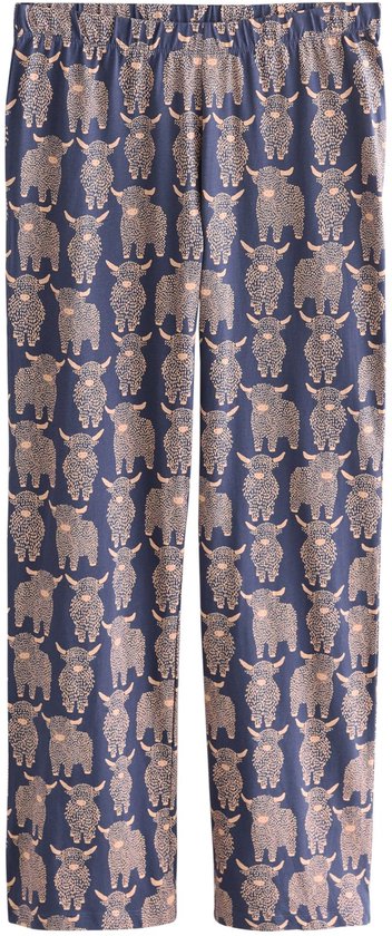 Marineblauwe pyjamabroek met all-over print van Schotse hooglanders in roze.