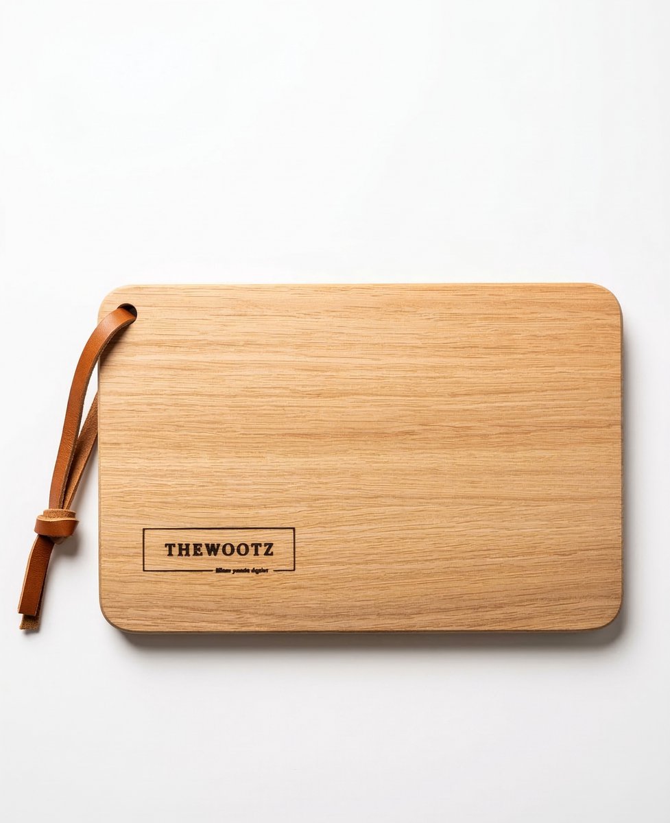 TheWootz Borrelplank Eikenhout – Handgemaakt in Nederland – 30×20 cm – Massief Eiken met Leren Ophanglus – Tapasplank, Kaasplank & Serveerplank
