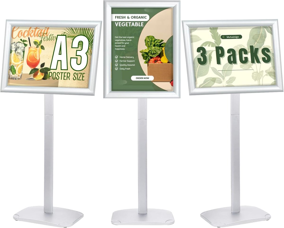 Posterstandaard A3 - Bordhouder Vloer - Menu Tonen - Verzwaarde Basis - 127 cm Hoog - Zilver