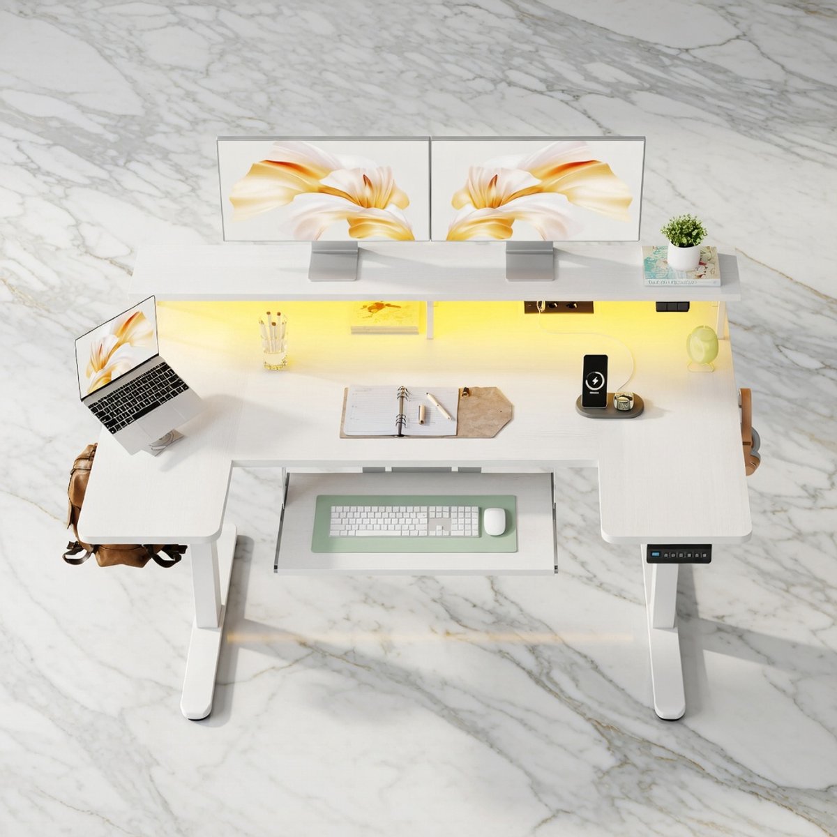 Ergonomisch Elektrisch Sta-Zit Bureau U-Vorm 140 cm – Verstelbaar Bureau met Monitorstandaard, Toetsenbordlade, LED-verlichting, USB-poorten en Stopcontacten – Wit – Thuiskantoor en Gaming Bureau House&Garden