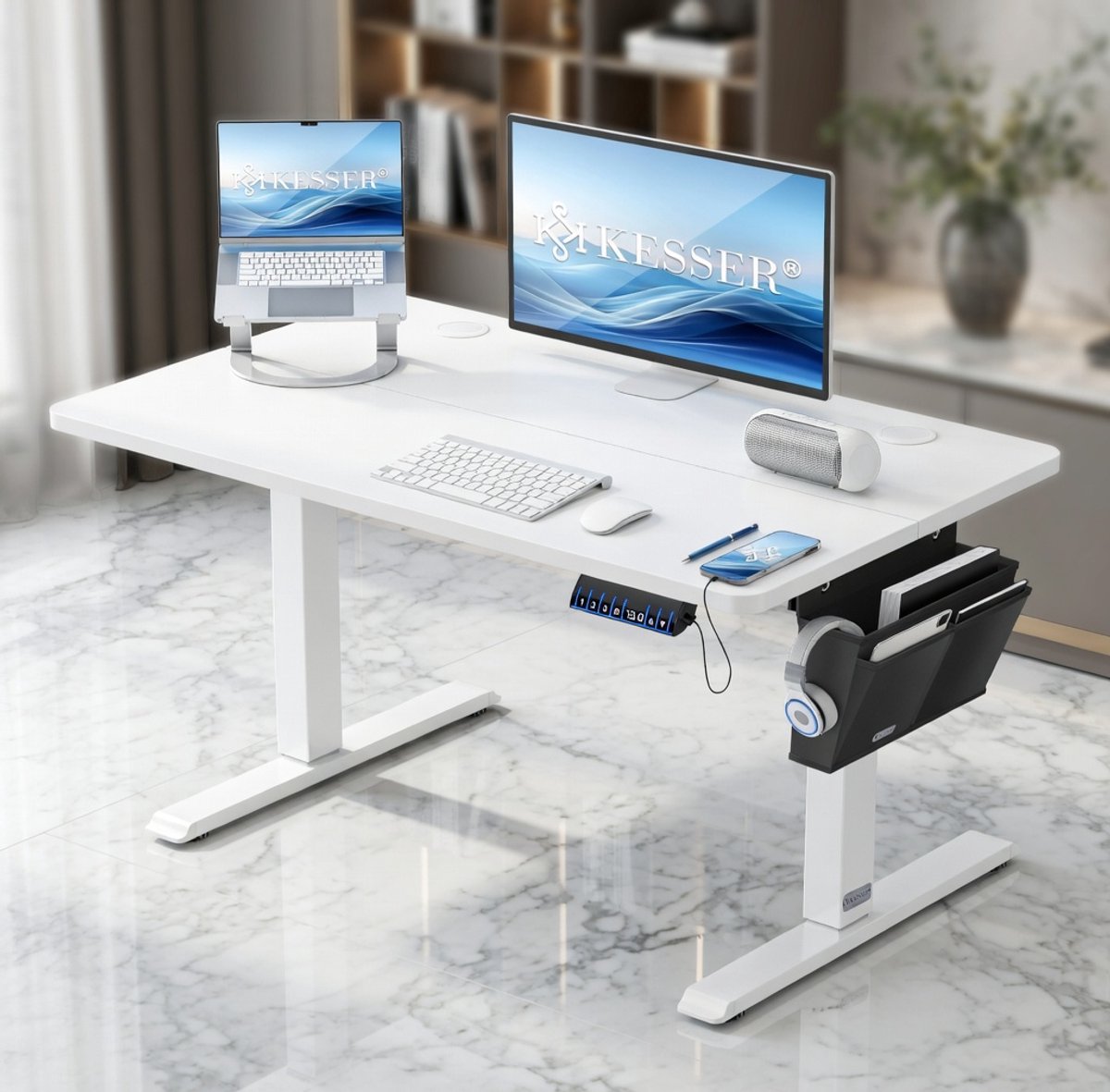 Ergonomisch Elektrisch In hoogte Verstelbaar Sta-Zit Bureau 100x60 cm | House&Garden | Modern Thuiskantoor Bureau met 3-geheugen LCD-bediening, USB-oplaadpoort, Timerfunctie & 360° Wielen | Bureau voor Productief Thuiswerken en Gaming