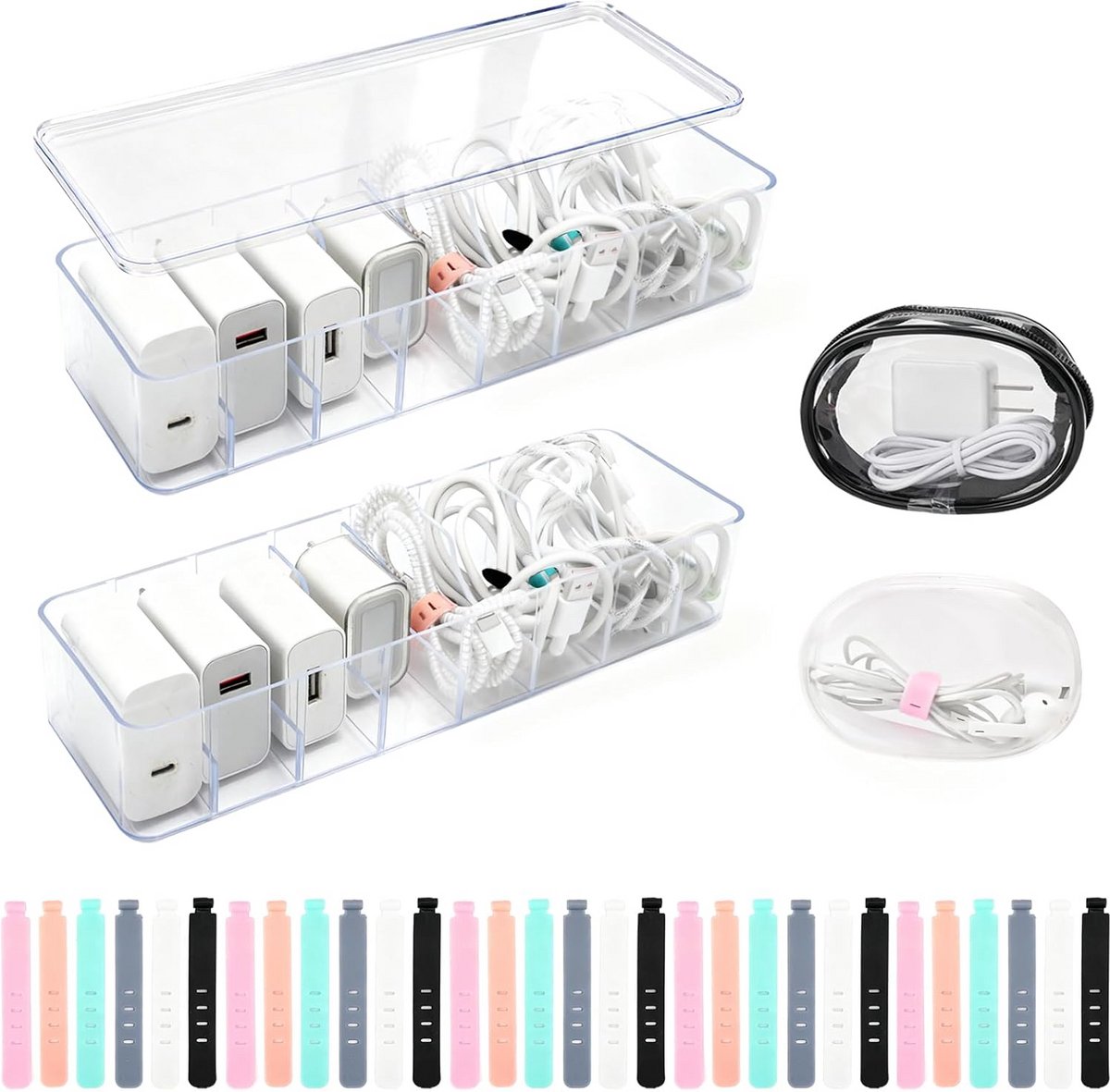 Kabel Organizer Set - Opbergdozen - Kabelbeheer - 8 Vakken Ontwerp - 26 x 10 cm - Transparant