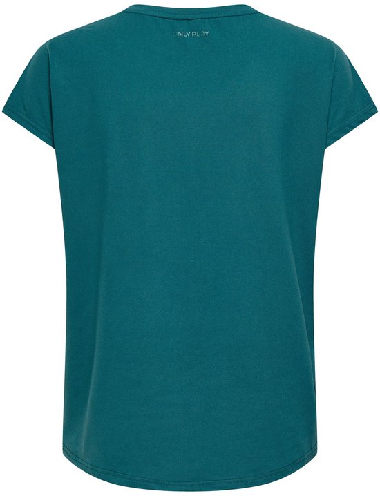 Achterkant van een donkergroen Only Play t-shirt met korte mouwen, tekst 'ONLY PLAY' op de nek.
