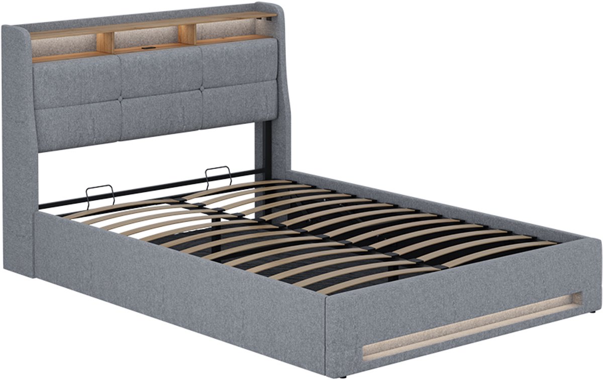 vitalispa Christin Gestoffeerd bed – met LED en USB-aansluiting Grijs/eiken