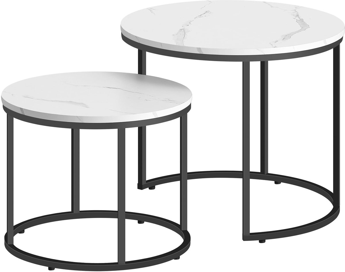 Salontafel Set – Rond – Marmerlook Blad – Zwart Metalen Frame