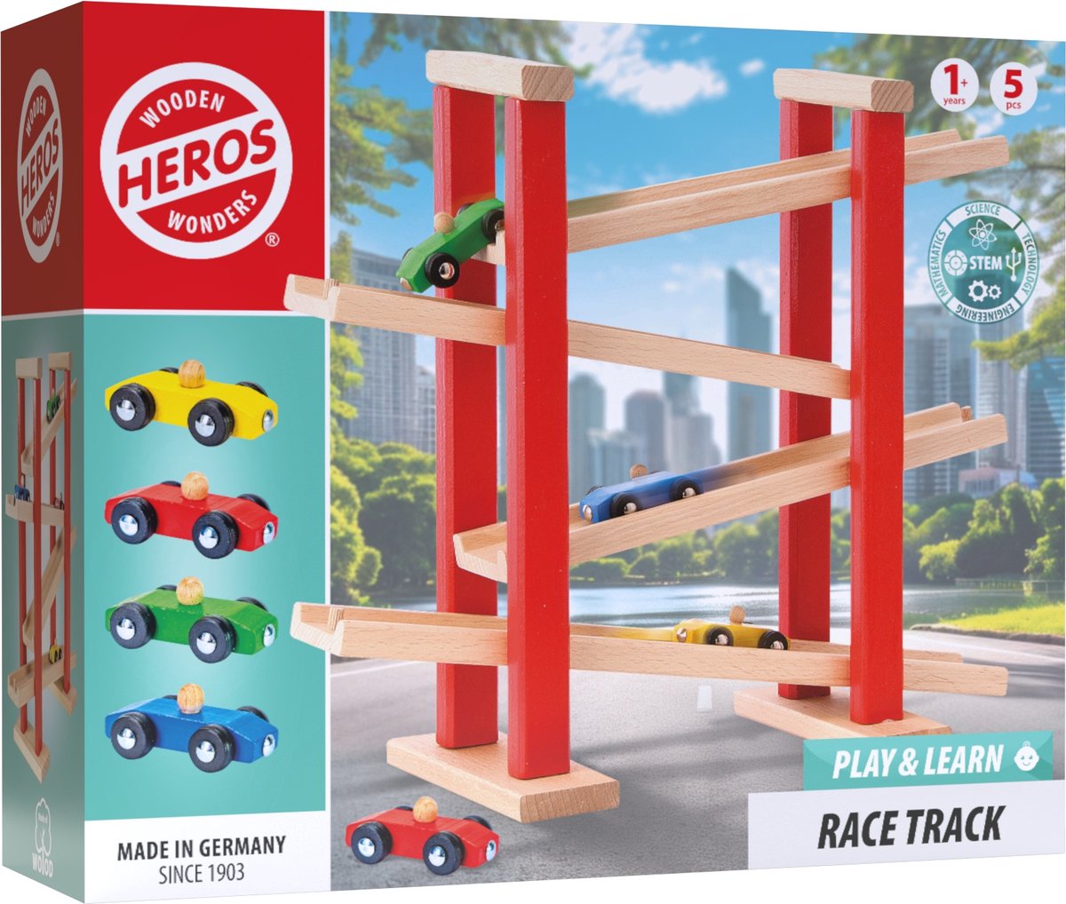 Heros Houten Racebaan met Auto’s – Racebaan – Speelset – FSC Hout – Gemaakt in Duitsland – Educatief Speelgoed – Vanaf 1 Jaar