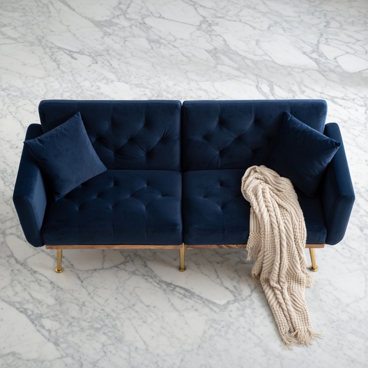 Slaapbank Fluweel 3-Zits Uitklapbaar | House&Garden Luxe Sofa Bed | Moderne Opklapbare Bank voor Woonkamer, Slaapkamer of Kantoor | Comfortabele Slaapfunctie & Robuuste Metalen Poten – Beige