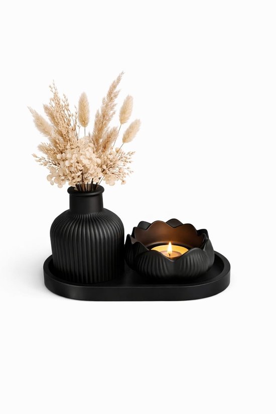QORVANE Home Luxe 3-Delige Decoratieset Zwart met Vaas, Bloemvormige Waxinelichthouder en Tray – Moderne Woondecoratie
