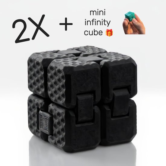 Zwarte infinity cube met gevouwen structuren, met tekst "2x + mini infinity cube".