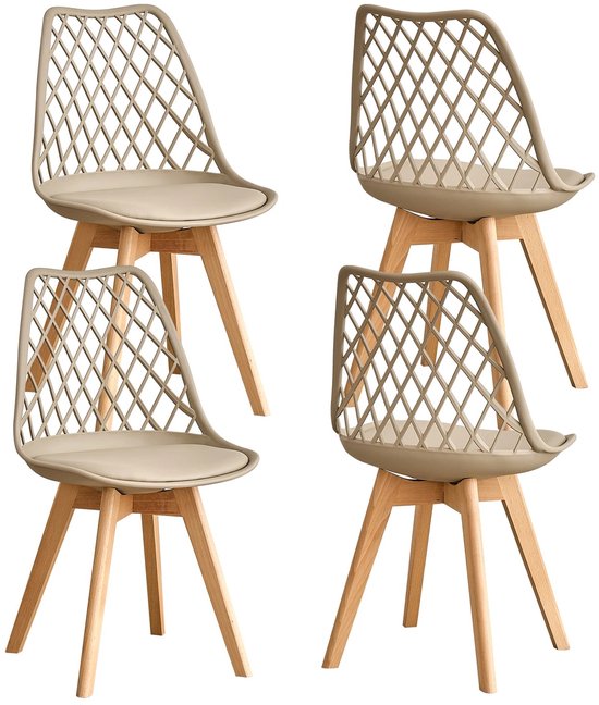 Set van vier khaki kuipstoelen met gestoffeerde zittingen en open rugleuningen, op houten poten.