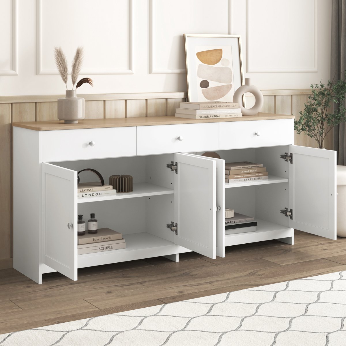 REDOM - Dressoir Met 4 Deuren En 3 Laden - Landelijke Stijl - Voor Eetkamer - MDF En Spaanplaat - Wit En Houtkleur - 160 Cm