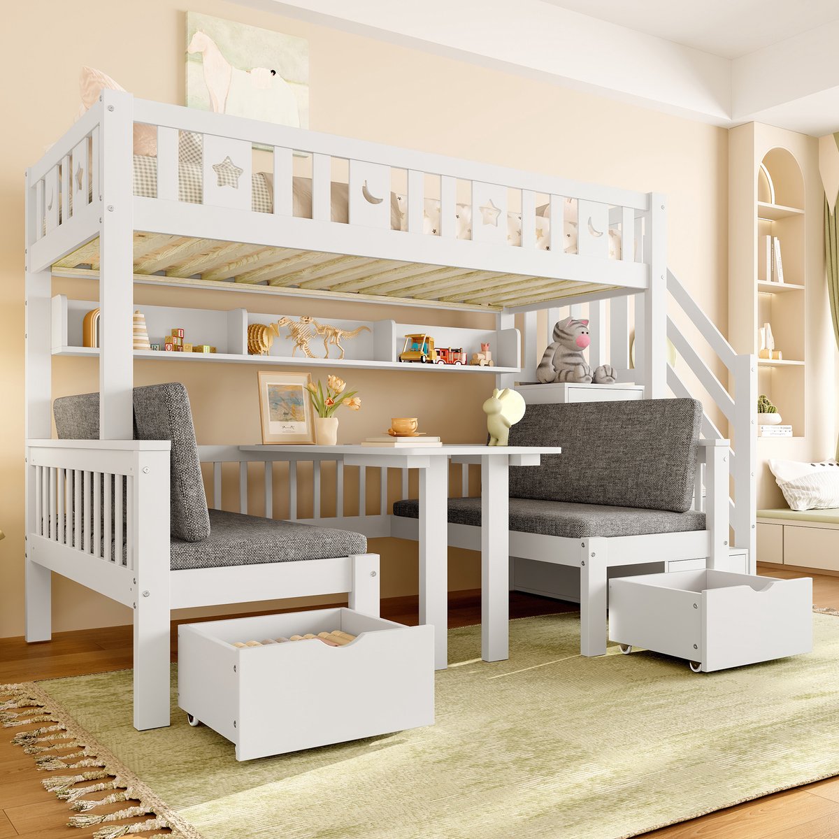 Wishdor Ombouwbare Hoogslaper - Stapelbed met Zithoek en Tafel - Sterren Design - 5 Lades - Wit - 252,5x125x149,5 cm