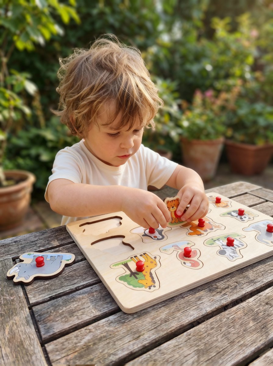 Knop puzzel “Dierentuin” klein – 12 stukjes – Houten kinder puzzel met grote knoppen – Engelhart — afbeelding 3