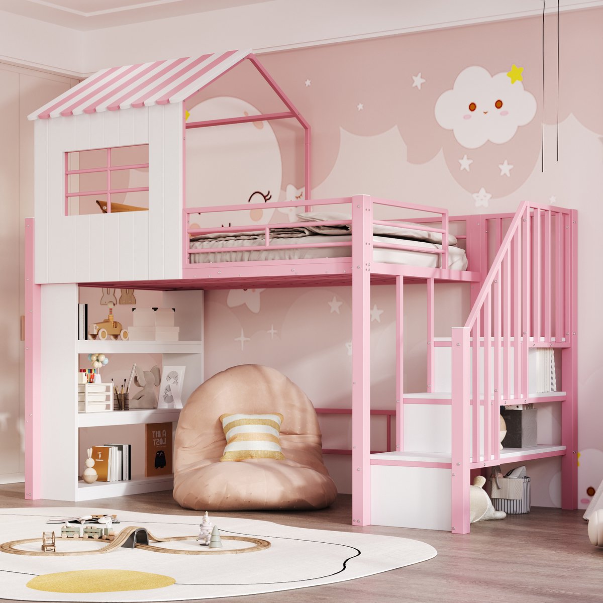 Wishdor – Hoogslaper met opbergtrap en opbergrek – 90 x 200 cm – Metaal, multiplex en MDF – Roze – Huisvorm – Veilig en speels – Voor meisjeskamer
