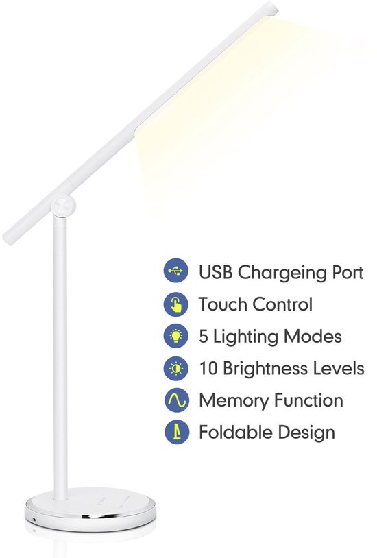 Aigostar Bureaulamp led dimbaar - 10 helderheidsmodi - 5 lichtkleuren - Opvouwbaar - USB Opladen - Smart Touch - Leeslamp - Tafellamp - Wit van Aigostar — afbeelding 3