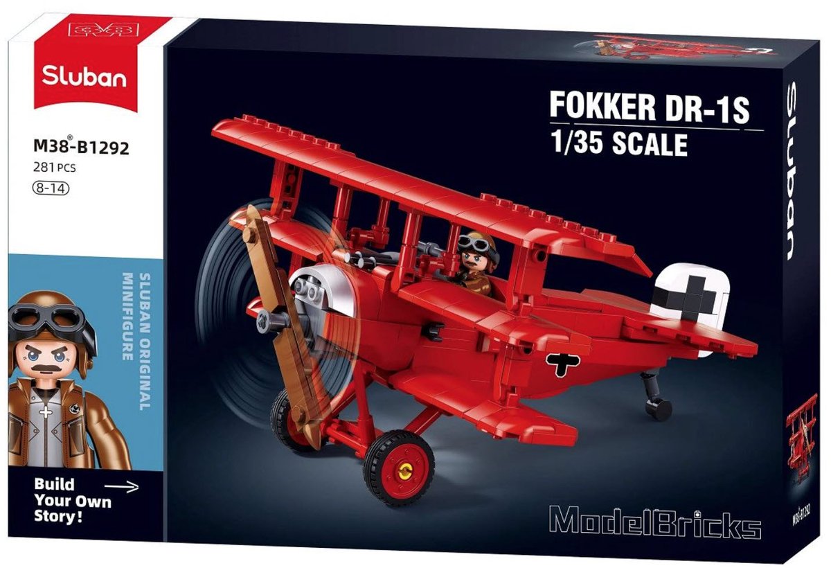 Sluban ModelBricks Fokker DR‑1S vliegtuig bouwspeelgoed kinderen vanaf 8 jaar – Constructiespeelgoed modelbouw – bouwdoos met 281 bouwstenen – M38-B1292 — afbeelding 2