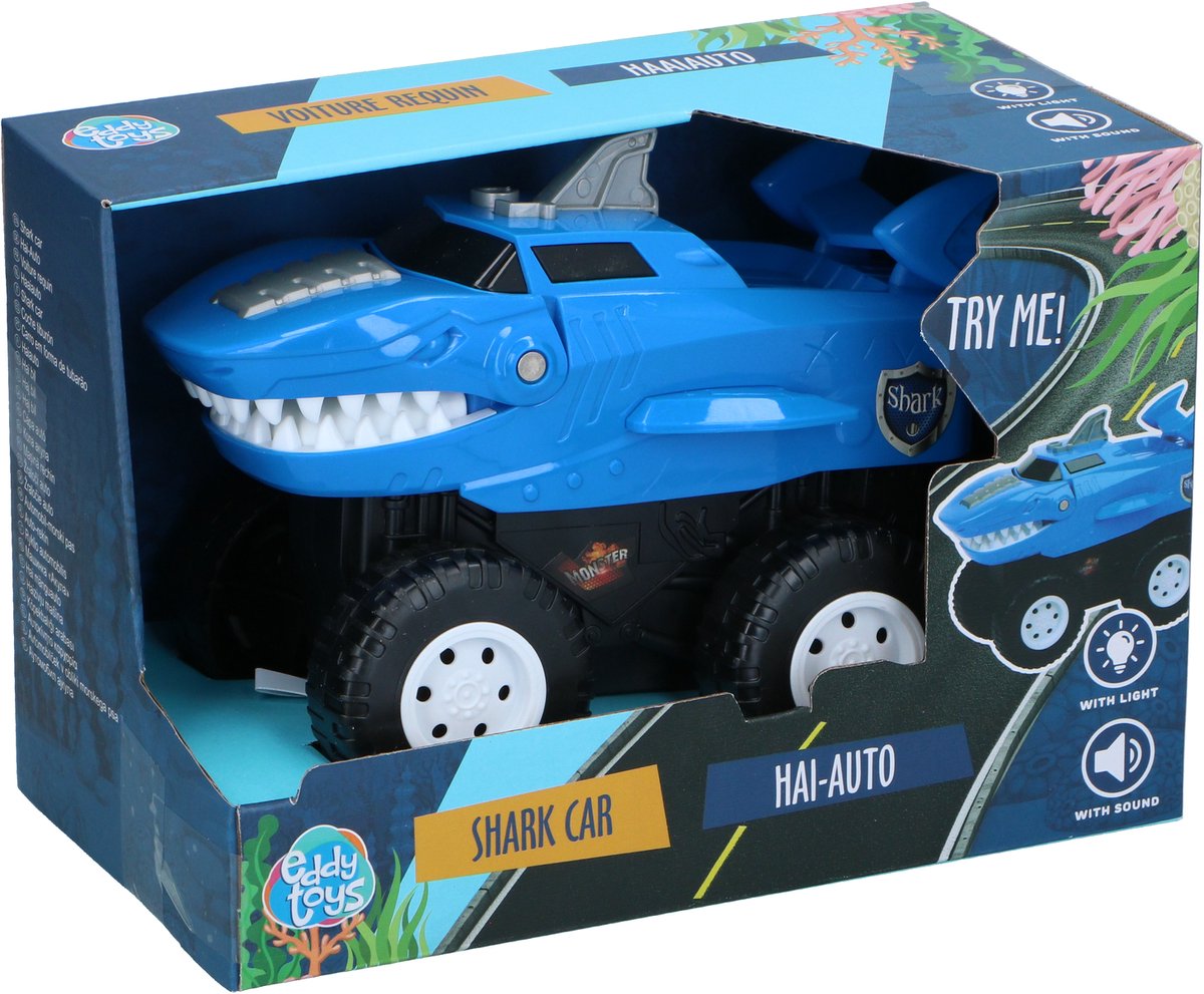 Eddy Toys Haai Auto - Shark Car met Licht en Geluid - Speelgoed Auto met Grote Wielen - Monstertruck - Werkt op 3x AA Batterijen - Blauw/Zwart/Wit — afbeelding 4