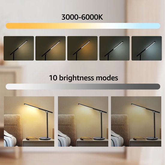 Aigostar LED Bureaulamp Dimbaar - 5 Lichtstanden & 10 Helderheden - Met USB-poort - Opvouwbaar - Leeslamp & Bedlamp - Zwart — afbeelding 3
