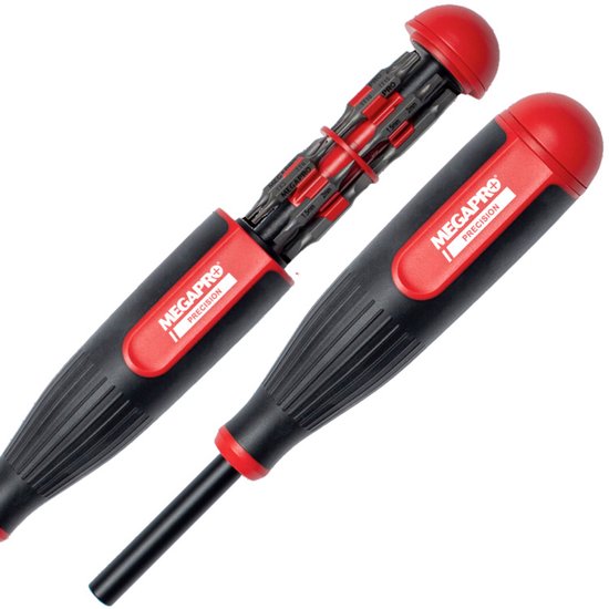 Twee zwarte schroevendraaiers met rode grips en doppen, één met de 24 bits zichtbaar.