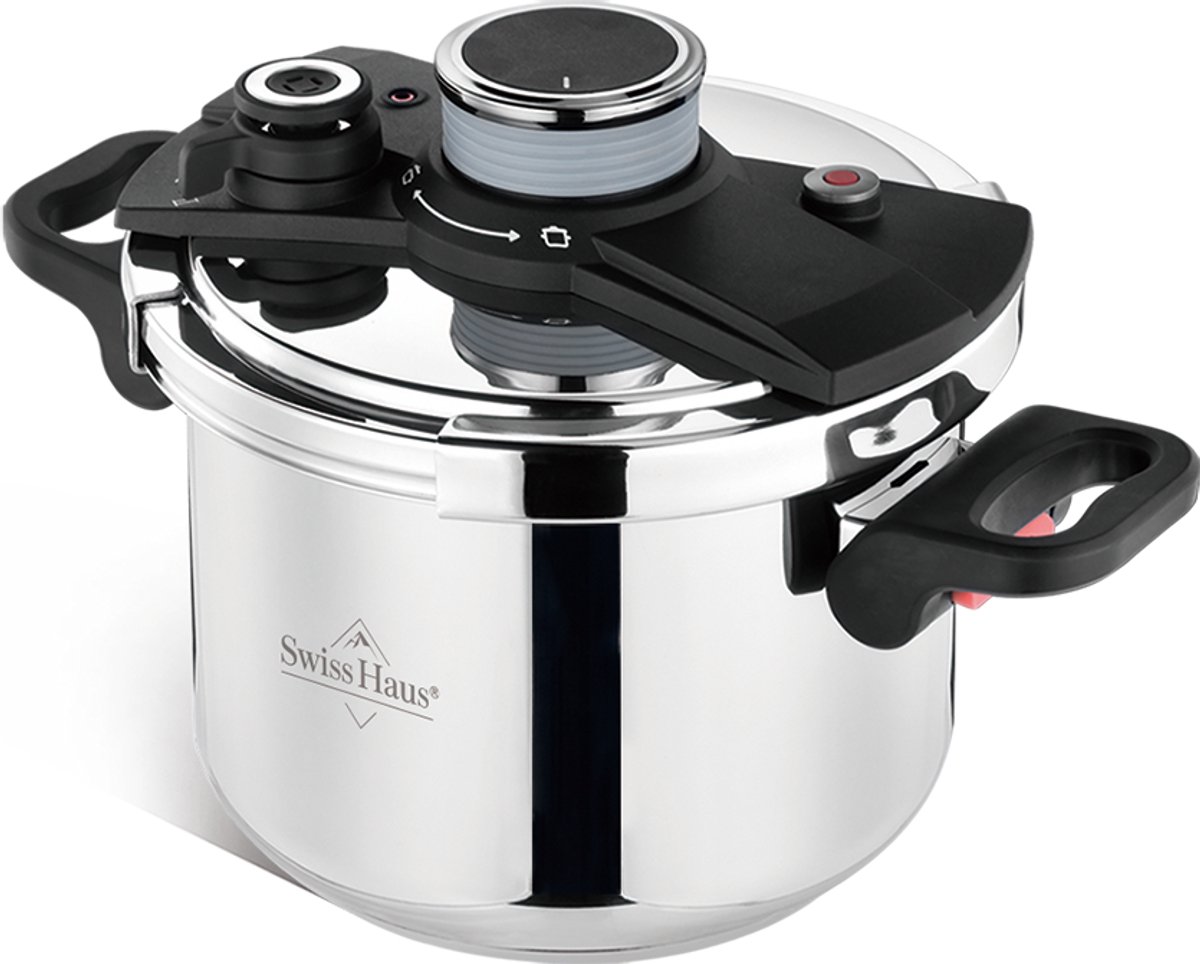 Swiss Haus® PCA10L Snelkookpan Inductie - 10 Liter / Ø 24 cm - PFAS Vrij - RVS Snelkookpannen Voor Alle Warmtebronnen - Pressure Cooker - Instant koken - Eenhandig Mechanisme - RVS
