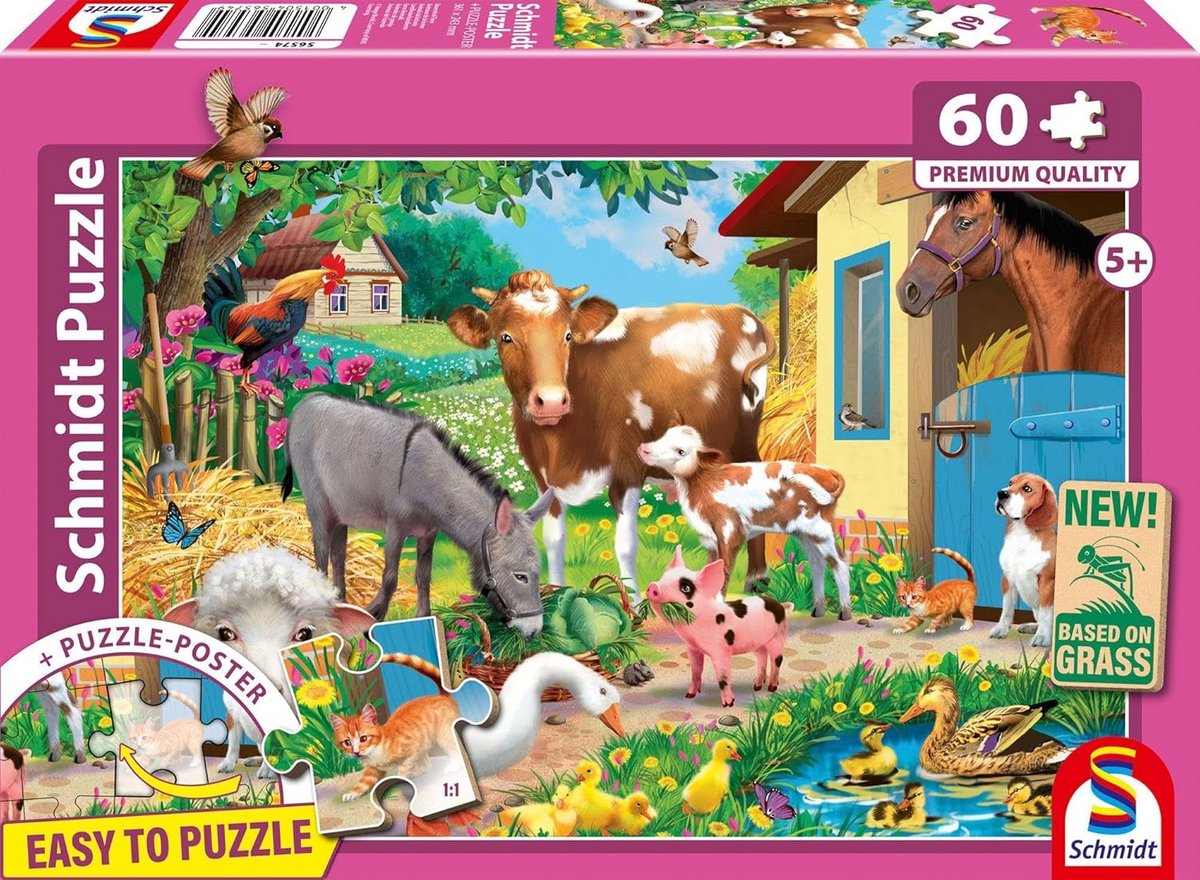 Boerderijdieren Puzzel 60 Stukjes voor Kinderen - Duurzaam Grasbord