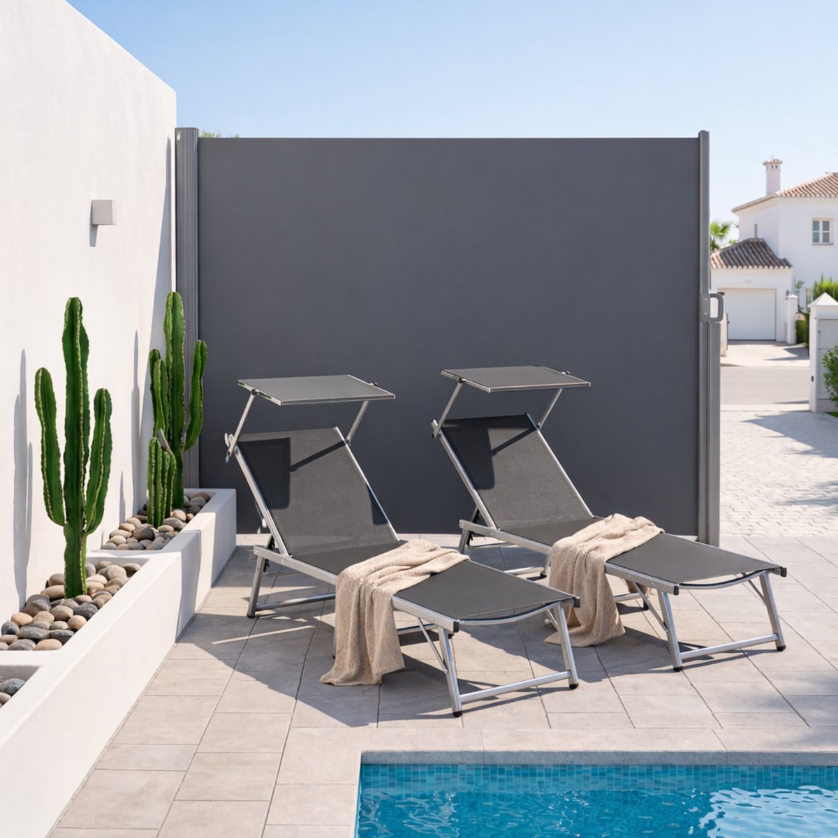 SONGMICS aluminium zijluifel, uitschuifbaar, 160 x 300 cm, privacyscherm, zonwering, ondoorzichtig, zijzonwering, voor balkon, terras, tuin, antraciet GSA160G