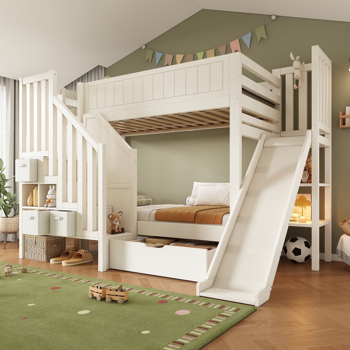 Kinderstapelbed 90×200cm met Glijbaan, Ladderkast, Grote Lades & Open Plank, wit, Lattenbodem, EN747‑1:2024 Veiligheid, Ideaal voor Gezinnen met Meerdere Kinderen, Zonder Matras