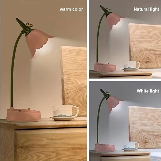 Bureaulamp, oplaadbare LED-leeslamp, verstelbare zwanenhals, dimbaar, oogvriendelijk nachtlampje met aanraakbediening, leuk tafellampje voor lezen in studentenkamer of slaapkamer, Roze van Zyronn — afbeelding 3