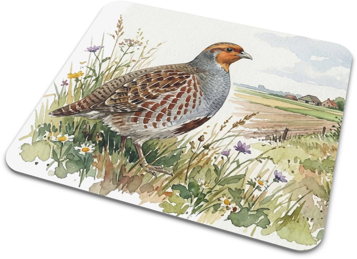 Patrijs Muismat in Bloeiende Akker - Veldvogel "Aquarel Series" Bureau Accessoire voor PC & Thuiswerkplek - Natuurlijke Waterverf Illustratie van Vogel tussen Veldbloemen en Boerderijen - Cadeau voor haar: Vrouw, Vriendin & Collega - Computermuis Mat