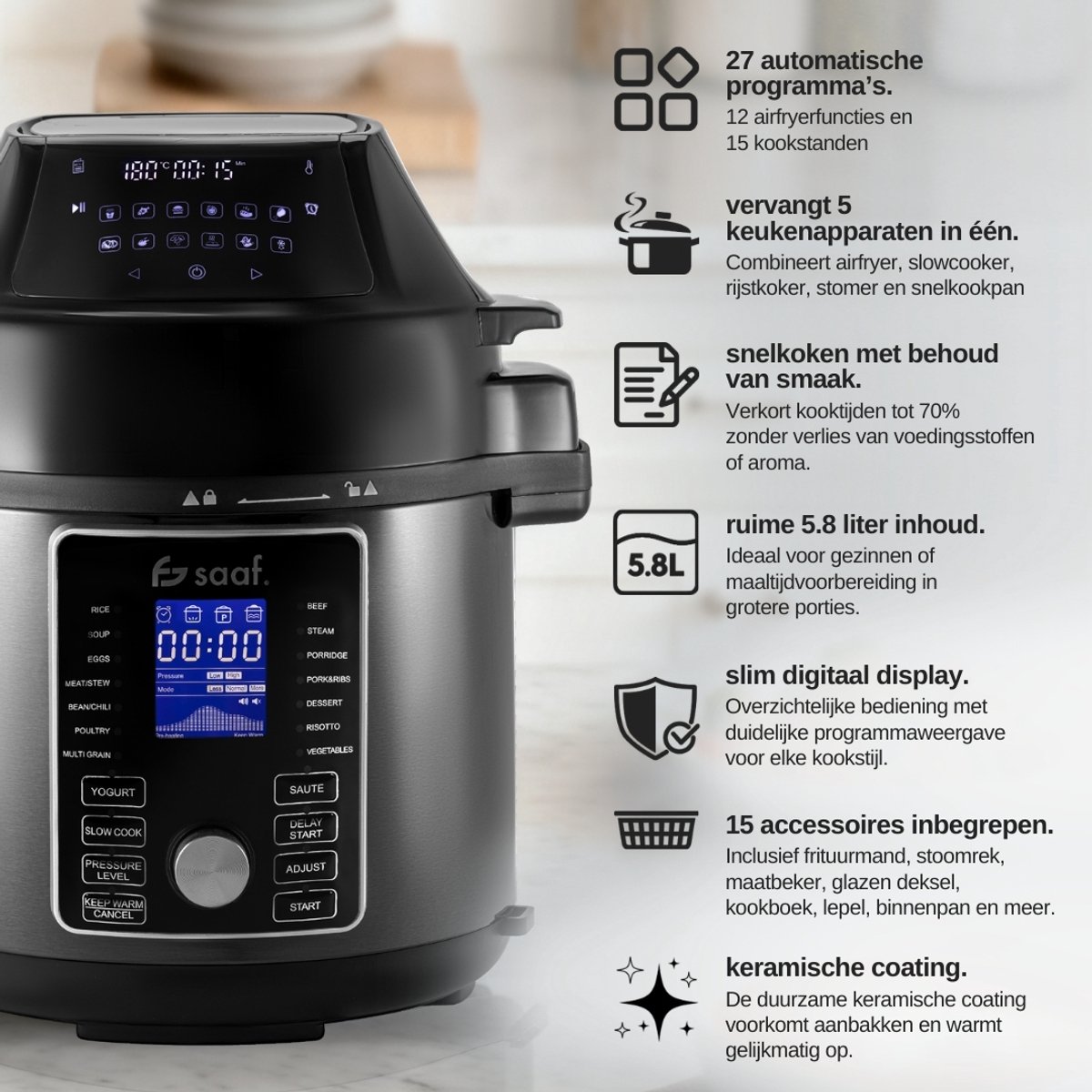 Saaf Multicooker 15,6L 1500W Zwart 24 Programma's - afbeelding 2